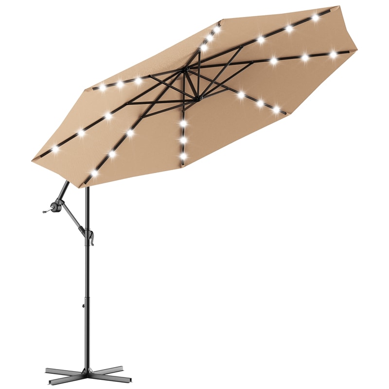 10' Solar LED Offset Patio Umbrella Hanging Market Umbrella Sun Shade with Heavy-Duty Cross Base