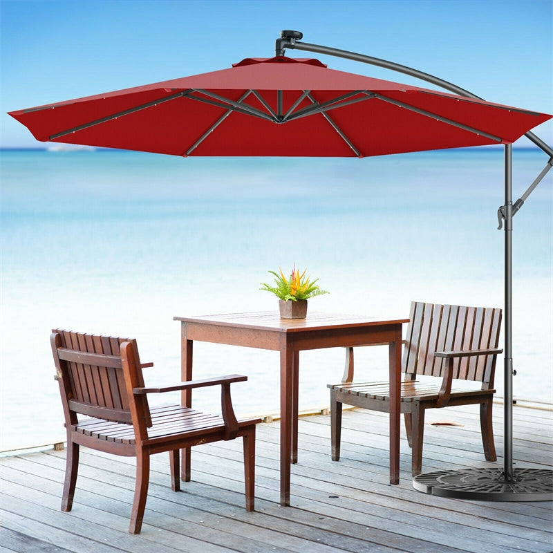 10' Solar LED Offset Patio Umbrella Hanging Market Umbrella Sun Shade with Heavy-Duty Cross Base