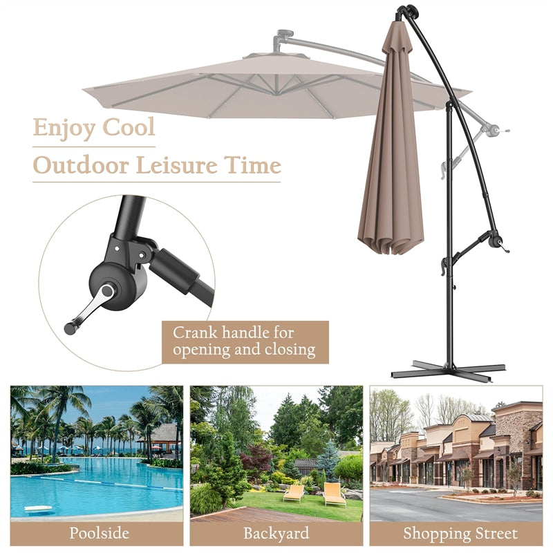 10' Solar LED Offset Patio Umbrella Hanging Market Umbrella Sun Shade with Heavy-Duty Cross Base