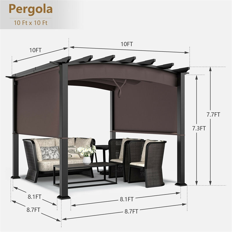 10' x 10' Outdoor Metal Pergola Patio Gazebo with Sliding Sun Shade Retractable Canopy