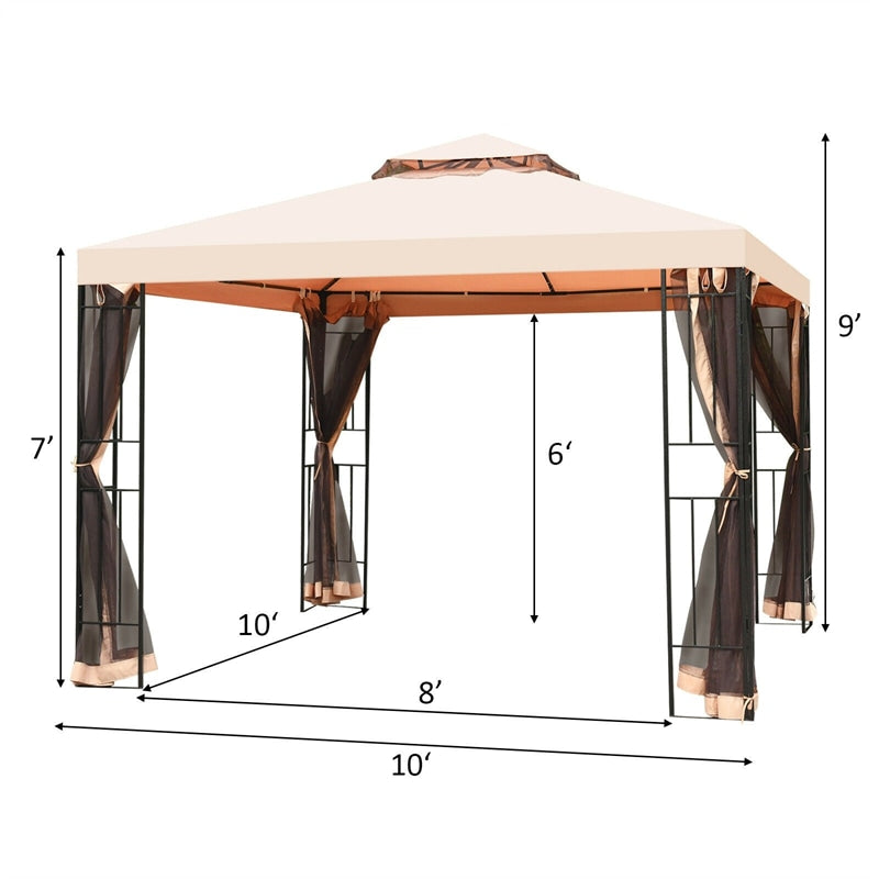 10' x 10' Outdoor Gazebo Double Roof Metal Gazebo Patio Gazebo Canopy with Netting Curtain & Heavy Duty Steel Frame for Garden Yard