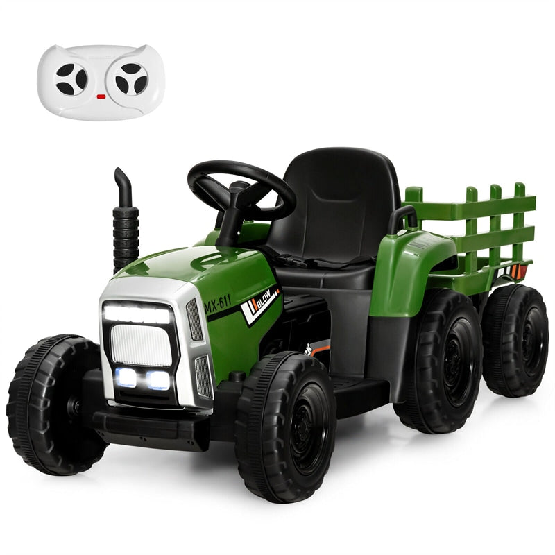 12V Kids Ride-On Tractor with Detachable Trailer, 3-Gear Ground Loader, LED Lights, Remote Control, Battery Powered Tractor Toy for Ages 3+