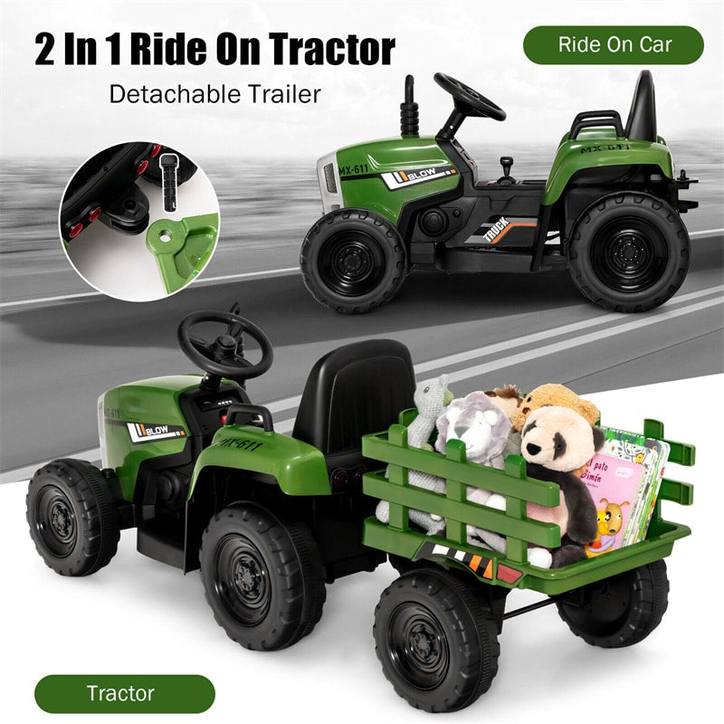 12V Kids Ride-On Tractor with Detachable Trailer, 3-Gear Ground Loader, LED Lights, Remote Control, Battery Powered Tractor Toy for Ages 3+