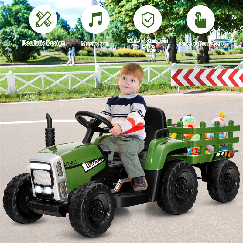 12V Kids Ride-On Tractor with Detachable Trailer, 3-Gear Ground Loader, LED Lights, Remote Control, Battery Powered Tractor Toy for Ages 3+