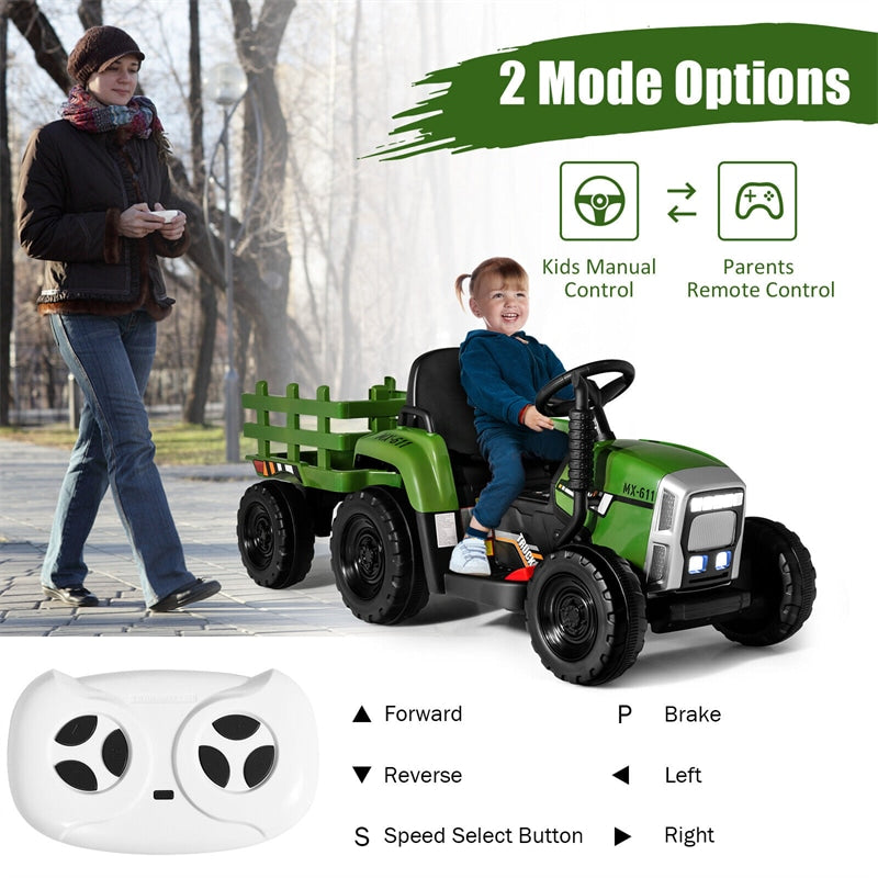 12V Kids Ride-On Tractor with Detachable Trailer, 3-Gear Ground Loader, LED Lights, Remote Control, Battery Powered Tractor Toy for Ages 3+