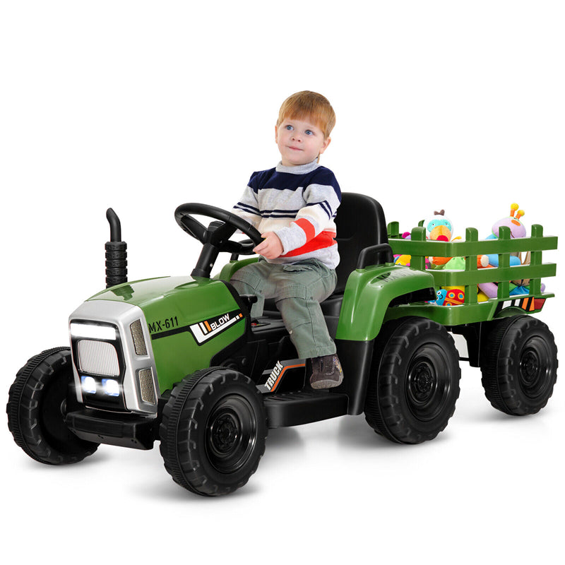 12V Kids Ride-On Tractor with Detachable Trailer, 3-Gear Ground Loader, LED Lights, Remote Control, Battery Powered Tractor Toy for Ages 3+