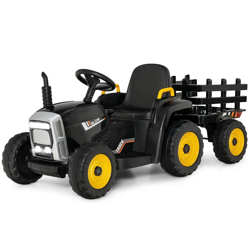 12V Kids Ride-On Tractor with Detachable Trailer, 3-Gear Ground Loader, LED Lights, Remote Control, Battery Powered Tractor Toy for Ages 3+