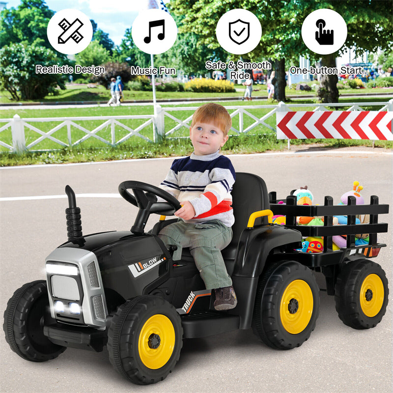 12V Kids Ride-On Tractor with Detachable Trailer, 3-Gear Ground Loader, LED Lights, Remote Control, Battery Powered Tractor Toy for Ages 3+