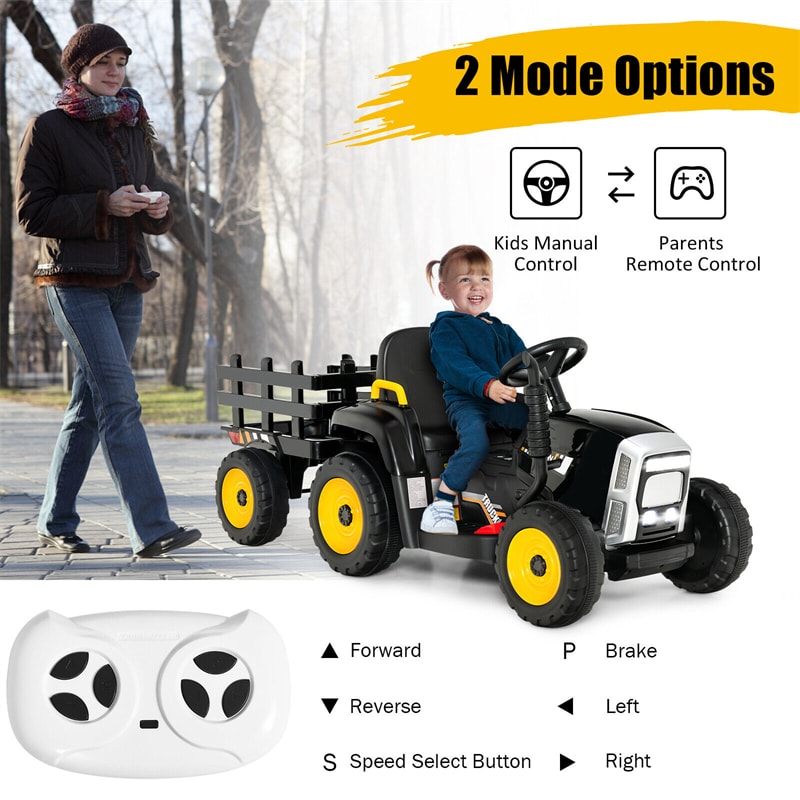 12V Kids Ride-On Tractor with Detachable Trailer, 3-Gear Ground Loader, LED Lights, Remote Control, Battery Powered Tractor Toy for Ages 3+