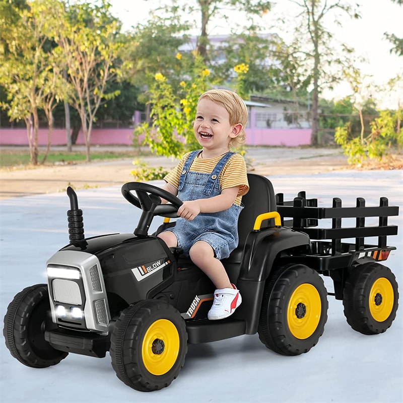 12V Kids Ride-On Tractor with Detachable Trailer, 3-Gear Ground Loader, LED Lights, Remote Control, Battery Powered Tractor Toy for Ages 3+