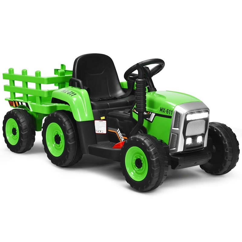 12V Kids Ride-On Tractor with Detachable Trailer, 3-Gear Ground Loader, LED Lights, Remote Control, Battery Powered Tractor Toy for Ages 3+