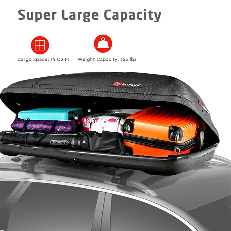 Rooftop Cargo Carrier, 14 Cu. Ft. Waterproof Hard Shell Car Roof Box, Dual Side Opening, 165LBS Capacity for 17" to 22.8" Wide Crossbar Racks