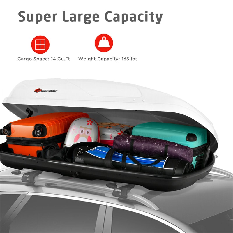 Rooftop Cargo Carrier, 14 Cu. Ft. Waterproof Hard Shell Car Roof Box, Dual Side Opening, 165LBS Capacity for 17" to 22.8" Wide Crossbar Racks