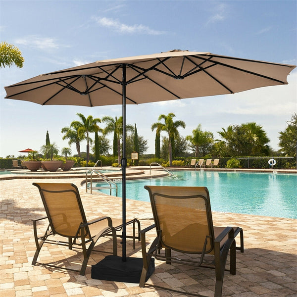 15FT Double-Sided Patio Umbrella Extra Large Outdoor Twin Market Umbrella with Crank Handle & Umbrella Base