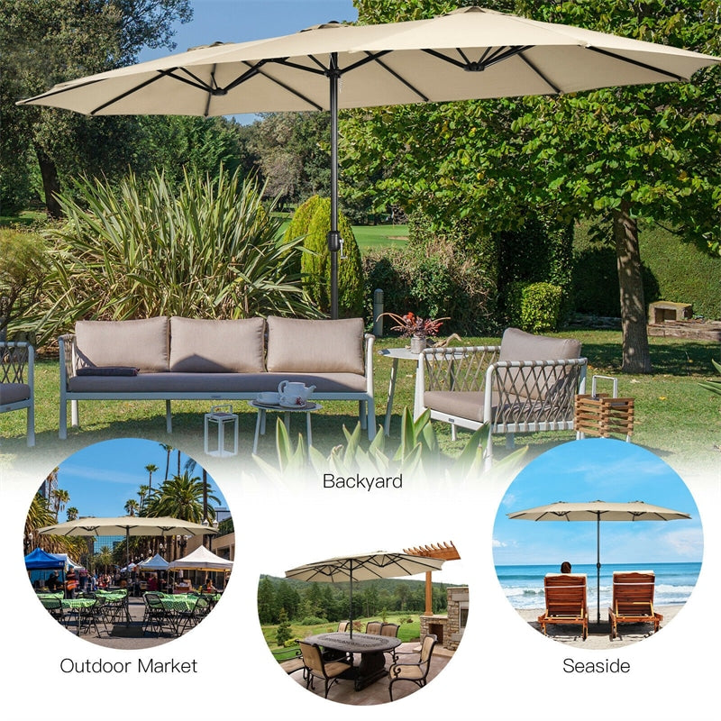 15FT Double-Sided Patio Umbrella Extra Large Outdoor Twin Market Umbrella with Crank Handle & Umbrella Base