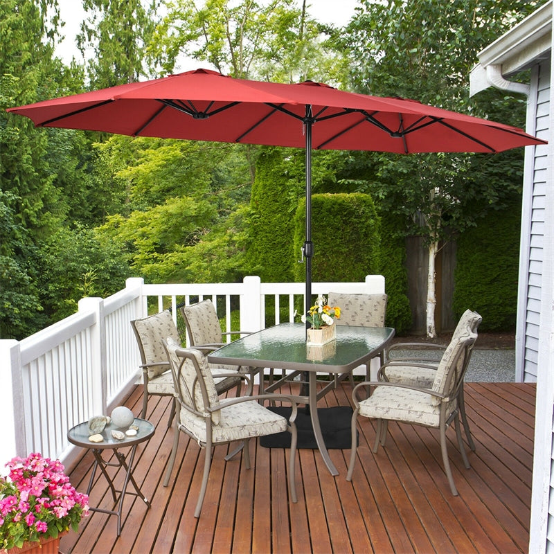 15FT Double-Sided Patio Umbrella Extra Large Outdoor Twin Market Umbrella with Crank Handle & Umbrella Base