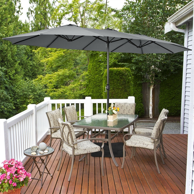 15FT Double-Sided Patio Umbrella Extra Large Outdoor Twin Market Umbrella with Crank Handle & Umbrella Base