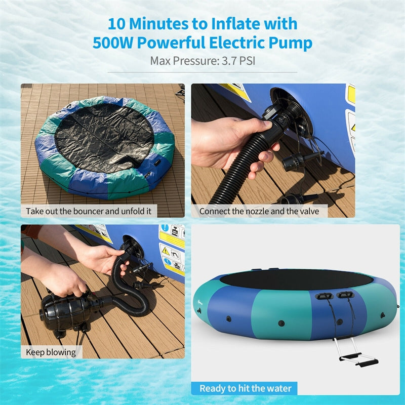 15FT Inflatable Water Trampoline Floating Lake Trampoline with 500W Electric Inflator & Rope Ladder, Recreational Water Bouncer for Pool