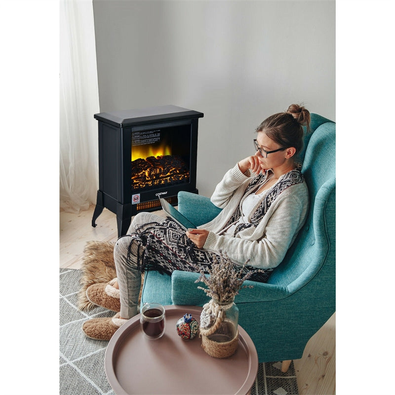 18" Electric Fireplace Stove Freestanding Stove Heater 1400W with Realistic 3D Flame Effect, Adjustable Temp, Overheat Protection