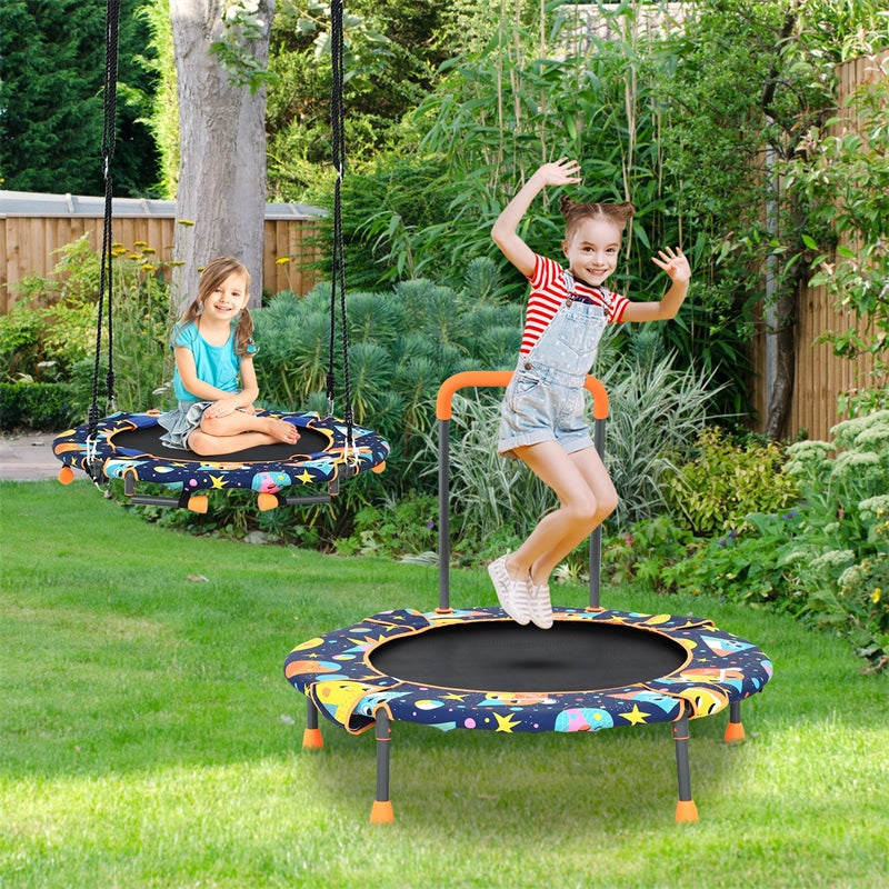 2-In-1 Convertible Saucer Tree Swing & Trampoline Set Kids Trampoline with Removable Handrail