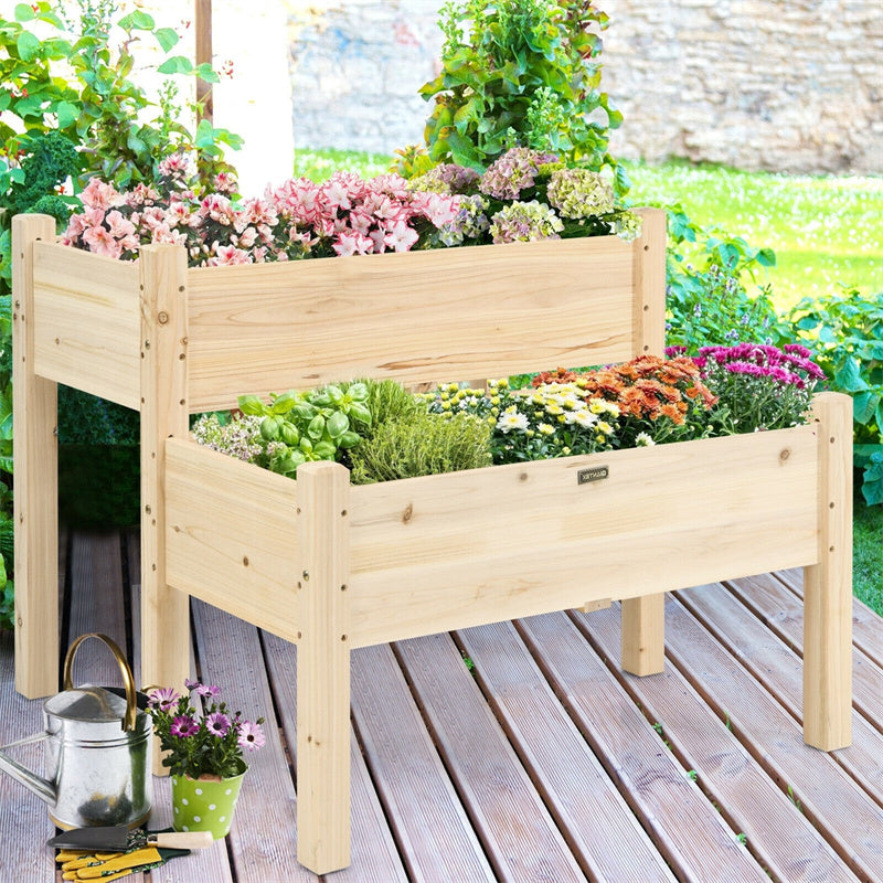 2-Tier Raised Garden Bed, Fir Wood Elevated Planter Box with Legs, Drainage Holes, 220LBS Capacity for Vegetables Herbs Flowers, Outdoor Patio