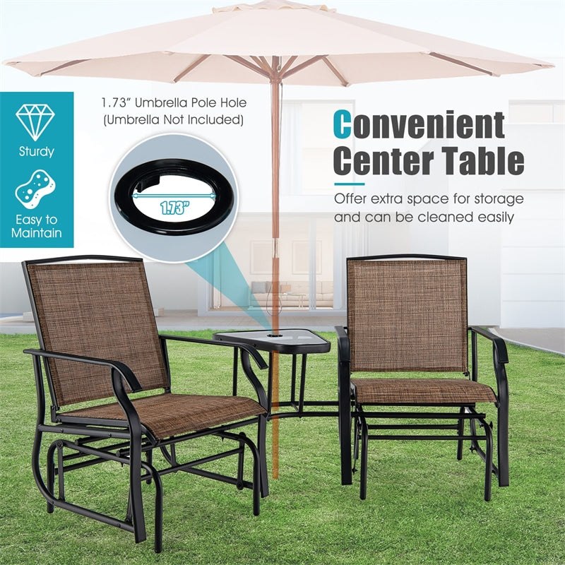 Bestoutdor Double Glider Chairs with Glass Table & Umbrella Hole, Steel Frame Patio 2-Person Rocking Chairs w/ Breathable Fabric