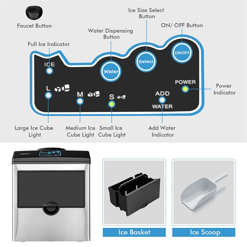 2-in-1 Countertop Water Dispenser Built-in Ice Maker 48LBS/24H Stainless Steel Ice Machine with Chilled Water Spout & 5LBS Ice Storage Basket