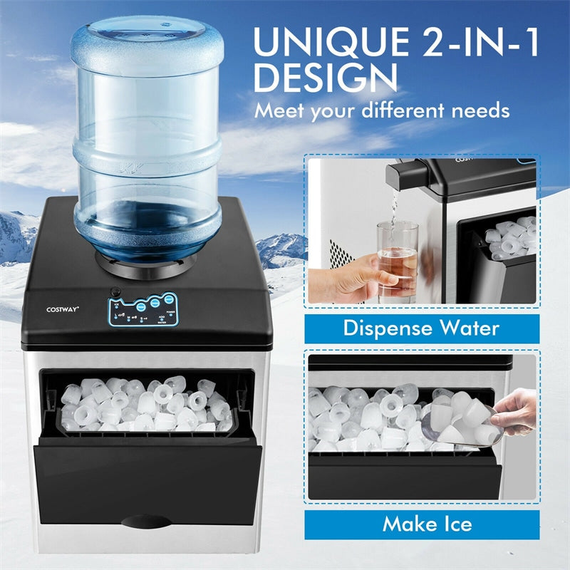 2-in-1 Countertop Ice Maker with Water Dispenser, 48LBS/24H Stainless Steel Ice Machine w/ Chilled Water Spout, 5LBS Ice Basket for Home, Office Party