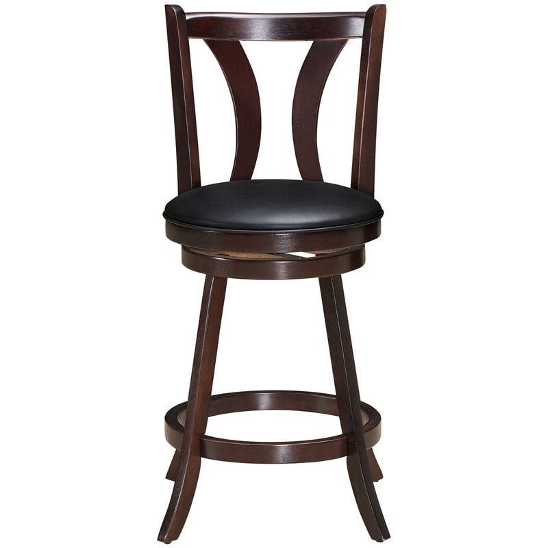 24" Swivel Bar Stools Set of 2 Counter Height Bar Stools with Leather Padded Seat & Solid Rubber Wood Legs, High Back Dining Chairs for Pub Kitchen