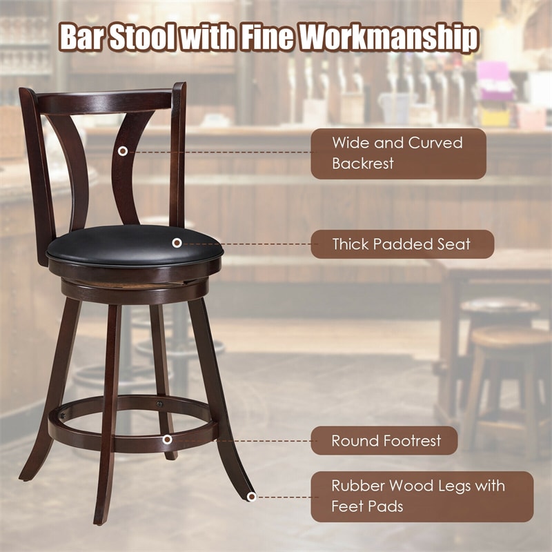 24" Swivel Bar Stools Set of 2 Counter Height Bar Stools with Leather Padded Seat & Solid Rubber Wood Legs, High Back Dining Chairs for Pub Kitchen