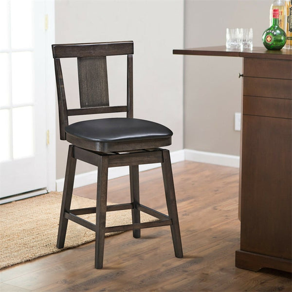 360° Swivel Wood Bar Stool, 24" Counter Height Dining Chair with Back, Leather Padded Seat & Rubber Wood Legs, Upholstered Barstool for Kitchen Island