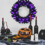 24" Black Halloween Wreath PreLit Artificial Christmas Wreath with 35 Purple LED Lights & Built-in Waterproof Timer for Outdoor Indoor Party Decor