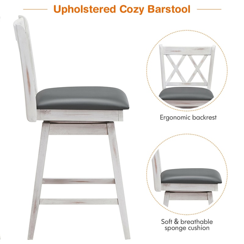 Swivel Bar Stools Set of 2, Rubber Wood 25" Counter Height Dining Chairs with Upholstered Cushions, Ergonomic Backrests & Footrests