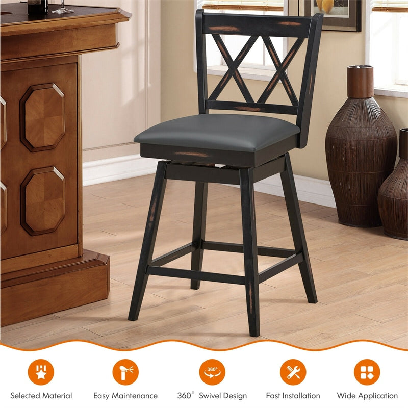 Swivel Bar Stools Set of 2, Rubber Wood 25" Counter Height Dining Chairs with Upholstered Cushions, Ergonomic Backrests & Footrests