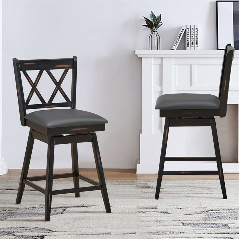 Swivel Bar Stools Set of 2, Rubber Wood 25" Counter Height Dining Chairs with Upholstered Cushions, Ergonomic Backrests & Footrests