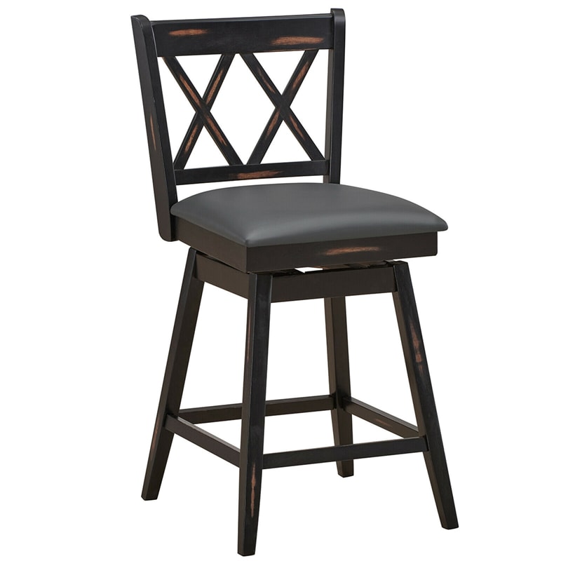 Swivel Bar Stools Set of 2, Rubber Wood 25" Counter Height Dining Chairs with Upholstered Cushions, Ergonomic Backrests & Footrests