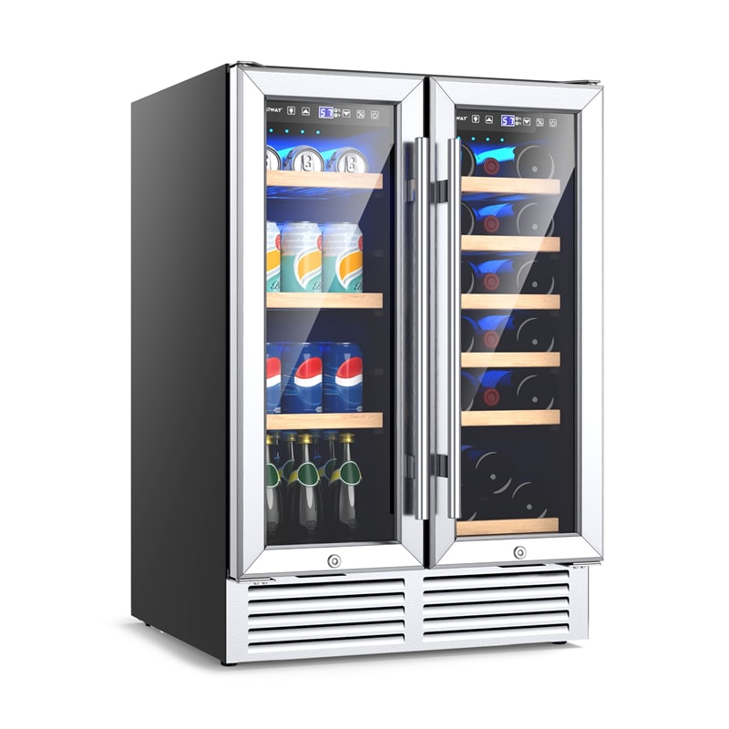 24" Dual Zone Wine & Beverage Cooler Refrigerator, 18 Bottles & 57 Cans Freestanding Undercounter Drink Fridge with Glass Door, Digital Temp Control