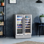 24" Dual Zone Wine & Beverage Cooler Refrigerator, 18 Bottles & 57 Cans Freestanding Undercounter Drink Fridge with Glass Door, Digital Temp Control