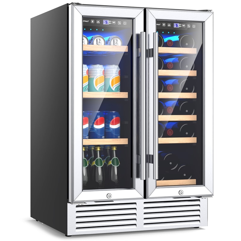 24" Dual Zone Wine & Beverage Cooler Refrigerator, 18 Bottles & 57 Cans Freestanding Undercounter Drink Fridge with Glass Door, Digital Temp Control