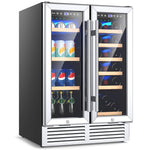 24" Dual Zone Wine & Beverage Cooler Refrigerator, 18 Bottles & 57 Cans Freestanding Undercounter Drink Fridge with Glass Door, Digital Temp Control