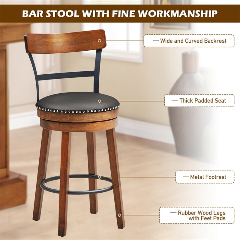 Bar Stools Set of 2, Swivel Stools 25.5" Counter Height Dining Chairs with Leather Padded Seat, Ladder Back, Solid Rubber Wood Legs for Kitchen Island