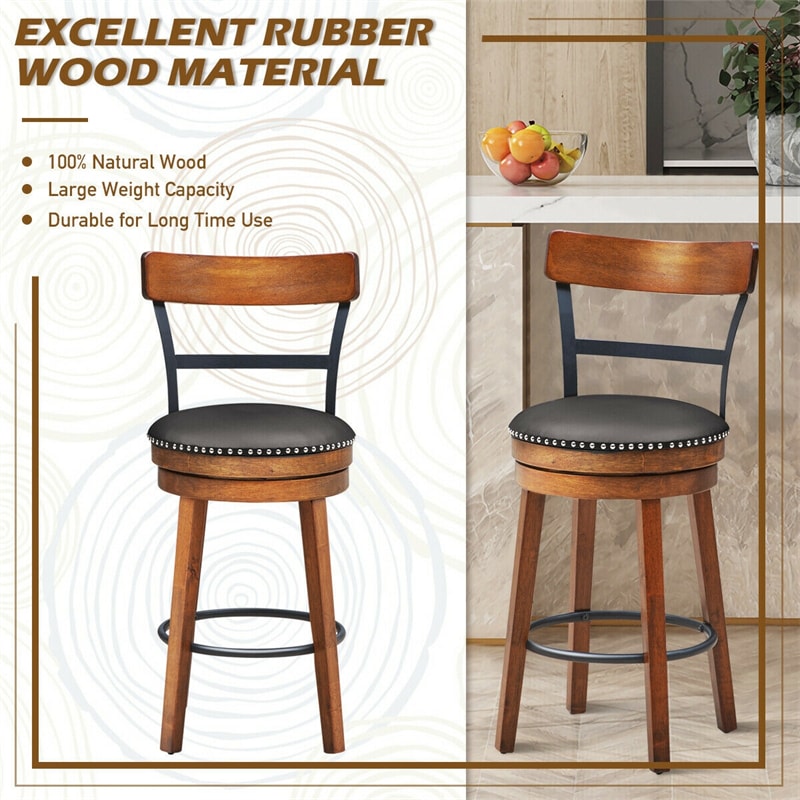 Bar Stools Set of 2, Swivel Stools 25.5" Counter Height Dining Chairs with Leather Padded Seat, Ladder Back, Solid Rubber Wood Legs for Kitchen Island