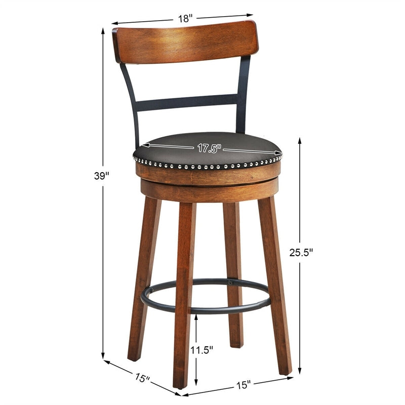 Bar Stools Set of 2, Swivel Stools 25.5" Counter Height Dining Chairs with Leather Padded Seat, Ladder Back, Solid Rubber Wood Legs for Kitchen Island