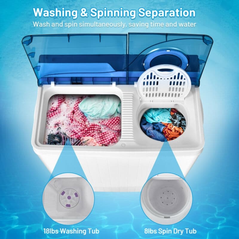 Portable Washing Machine 26LBS Semi-automatic Compact Twin Tub Washer Spin Dryer with Built-in Drain Pump