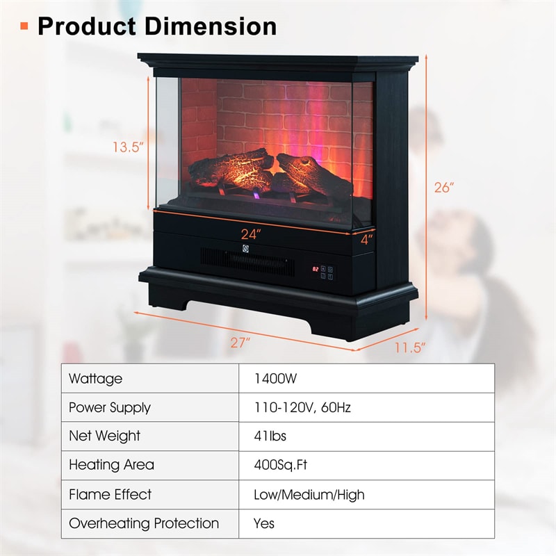 27" Electric Fireplace, 1400W Freestanding Fireplace Heater with 3-Level Flame, Thermostat, 6H Timer, Overheat Protection for Living Room