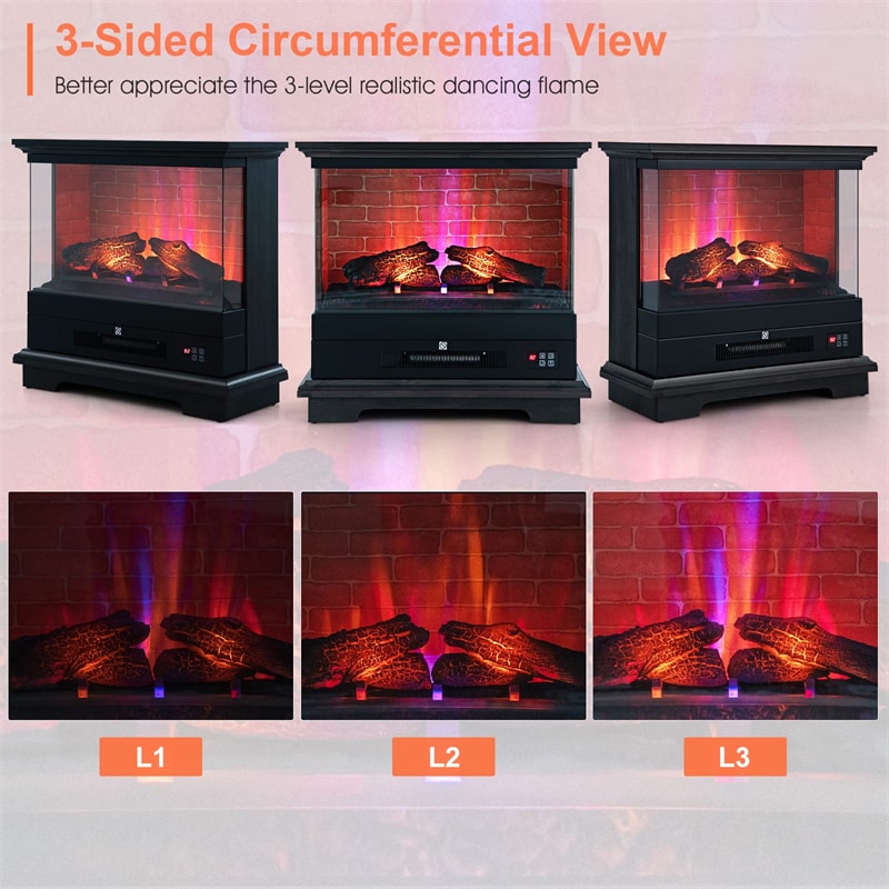 27" Freestanding Fireplace 1400W 3-Sided Electric Fireplace Heater with 3-Level Vivid Flame & Thermostat