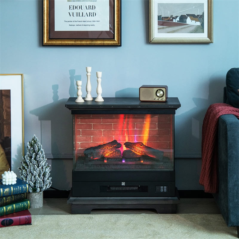 27" Freestanding Fireplace 1400W 3-Sided Electric Fireplace Heater with 3-Level Vivid Flame & Thermostat