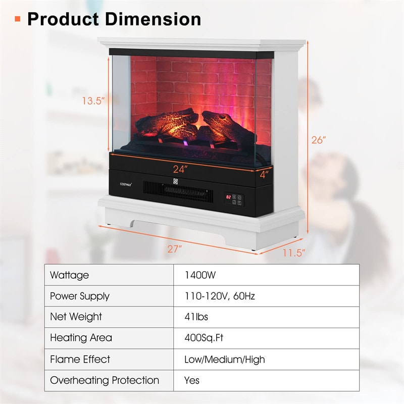 27" Electric Fireplace, 1400W Freestanding Fireplace Heater with 3-Level Flame, Thermostat, 6H Timer, Overheat Protection for Living Room