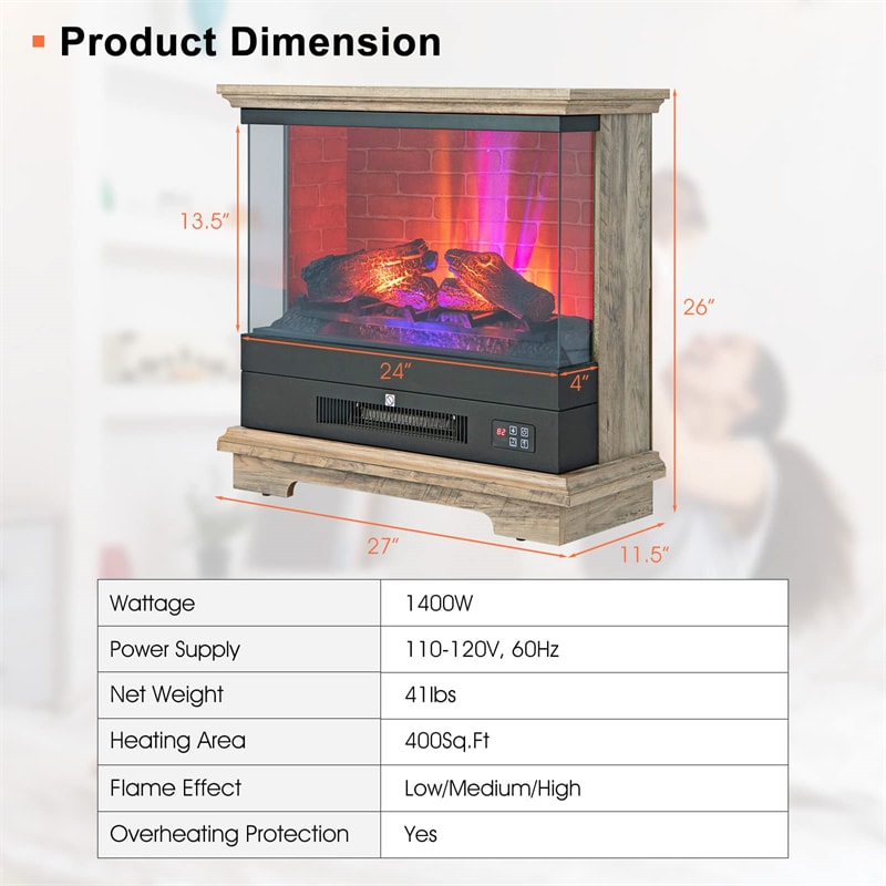 27" Electric Fireplace, 1400W Freestanding Fireplace Heater with 3-Level Flame, Thermostat, 6H Timer, Overheat Protection for Living Room