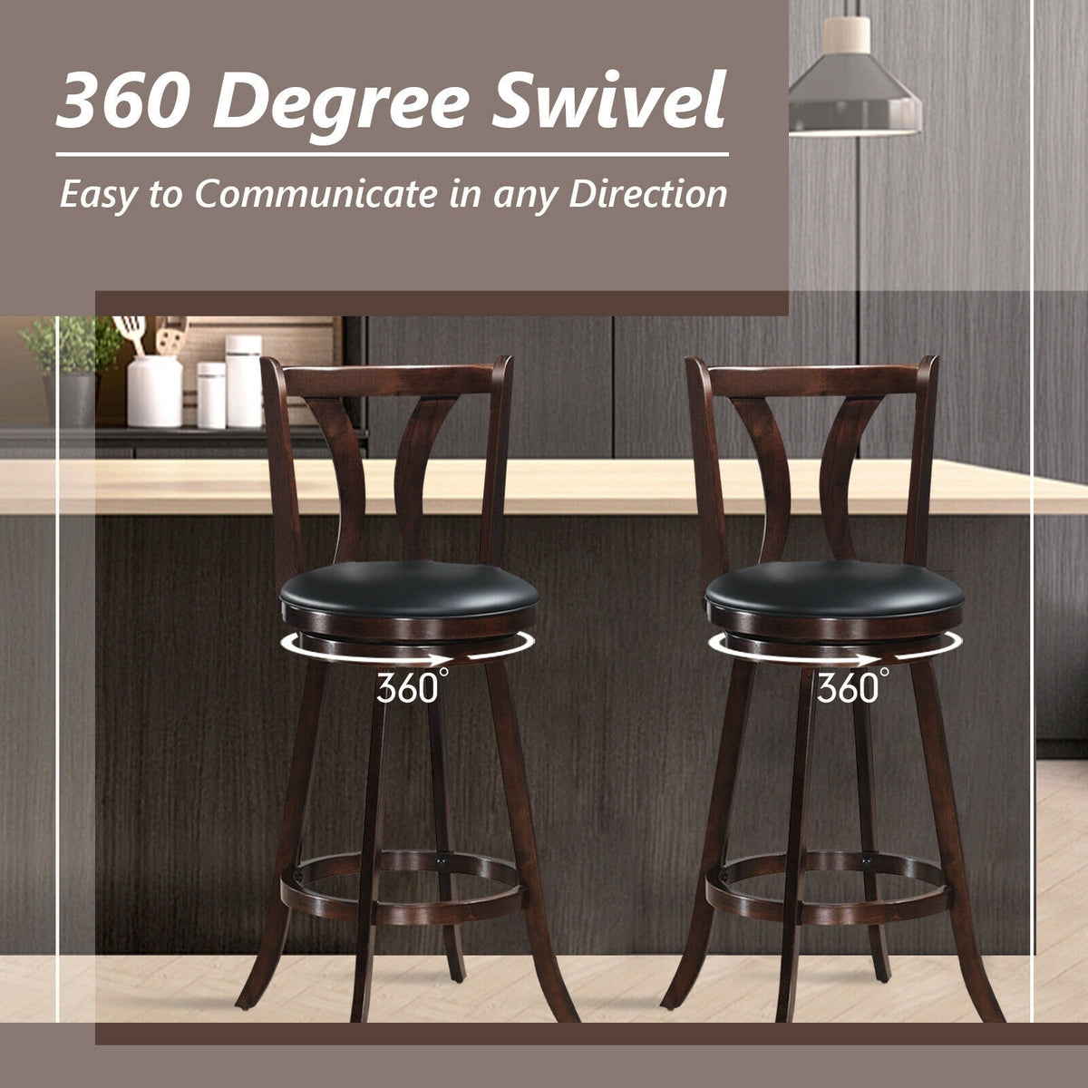 29" Swivel Bar Stools Set of 2 Solid Wood Bar Height Dining Chairs with Leather Padded Seats & Rubber Wood Legs, High Back Kitchen Chairs